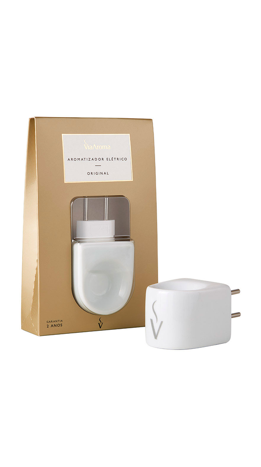 Caixa do Aromatizador Elétrico Via Aroma Original, com o aparelho ao lado