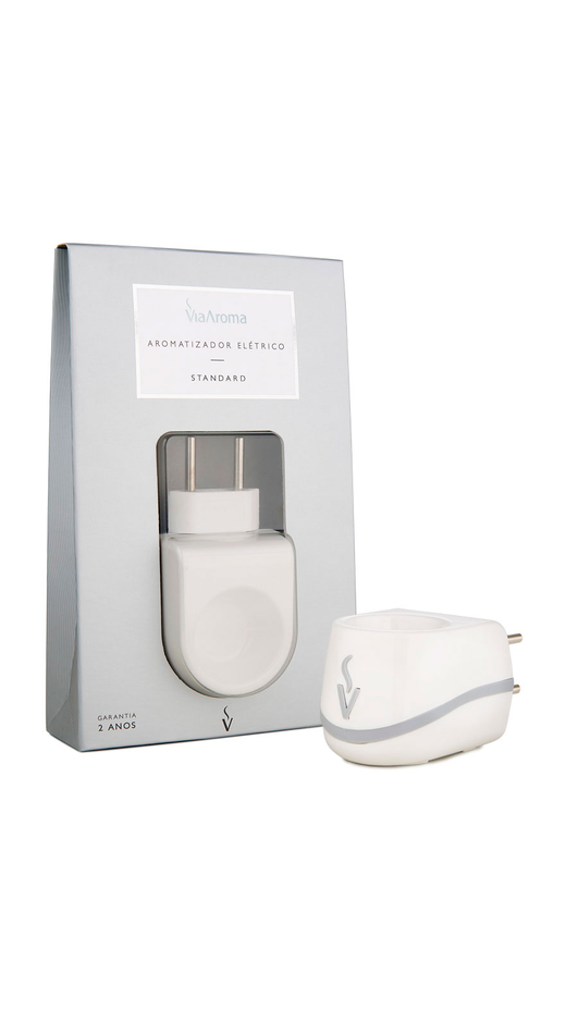 Caixa do Aromatizador Elétrico Via Aroma Standard, com o aparelho ao lado