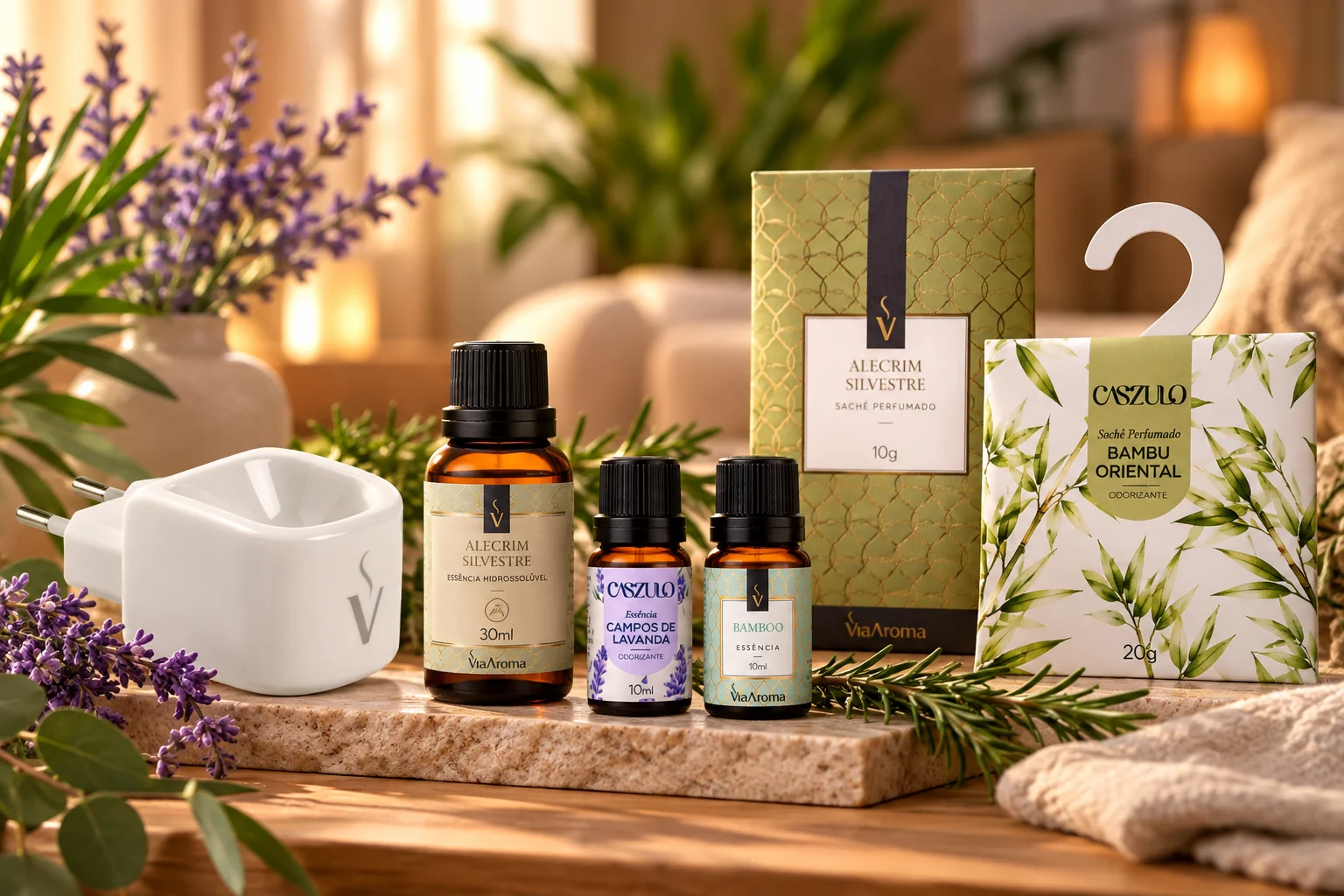 Essências, sachês perfumados e aromatizador elétrico da Via Aroma sobre uma bancada, entre ramos de alecrim e lavanda