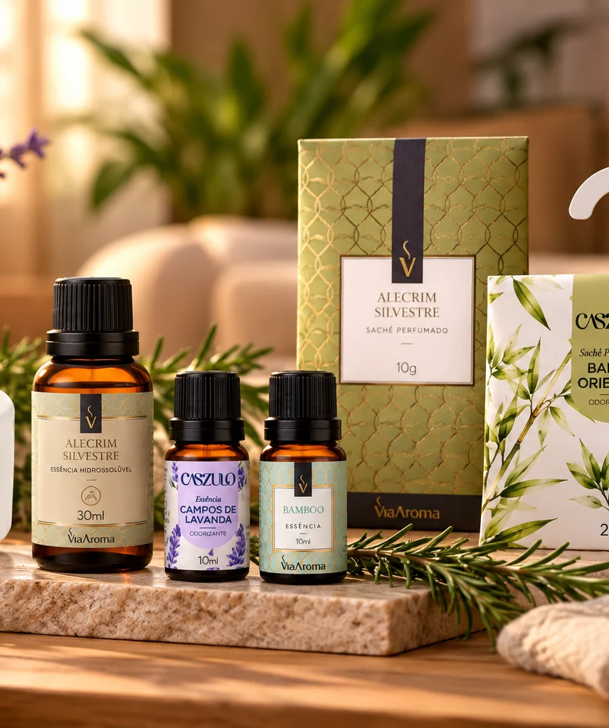 Essências, sachê perfumado e aromatizador elétrico da Via Aroma sobre uma bancada de pedra